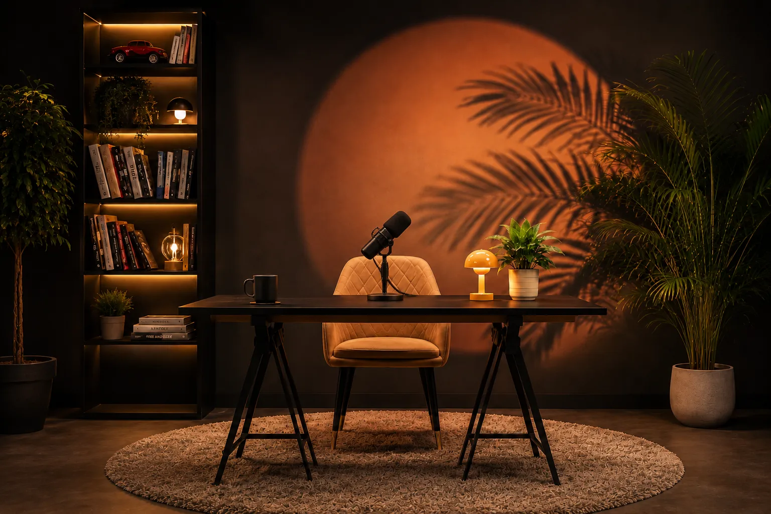 Warmly lit single-host podcast desk with a microphone, a lamp, bookshelves and plants at Nearby Studio