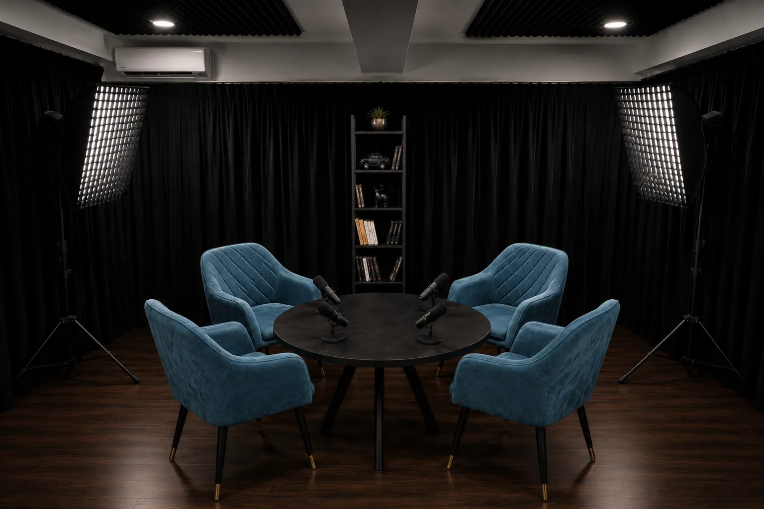 Round table podcast setup for up to four guests at Nearby Studio