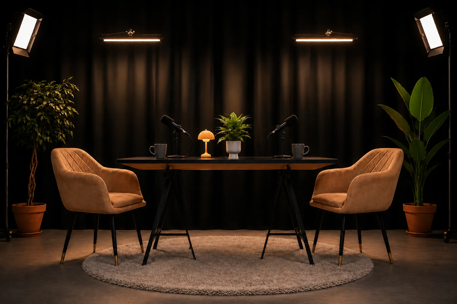 Warmly lit studio set at Nearby Studio, Rajajinagar, with two armchairs, a table and microphones